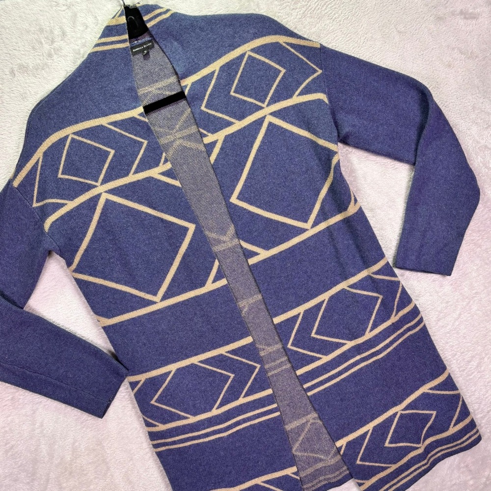 Rebecca Elliot Womens Cardigan Sz M Blue Tan Geometric Open Front Pockets AMD102